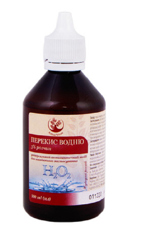 ПЕРЕКИСУ ВОДНЮ РОЗЧИН 3 % розчин для зовнішнього застосування, водний 3 % по 100 мл у флаконах полімерних, укупорені кришками з насадкою